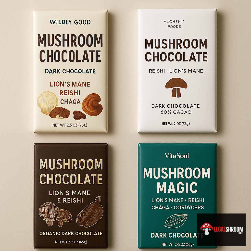 Collection of different mushroom chocolate brands