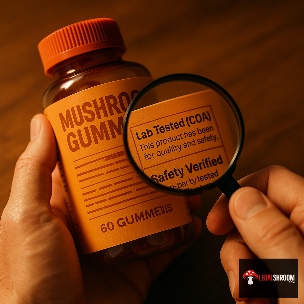 Person carefully checking mushroom product label for lab testing and COA