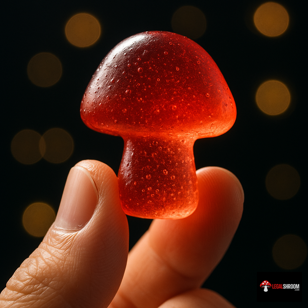 Hand holding mushroom gummy